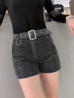 Rhinestone Shorts Women Wide Leg Shorts High Waist Sexy New Fashion Elastic Waist Diamond Casual Hot Pants Female belt