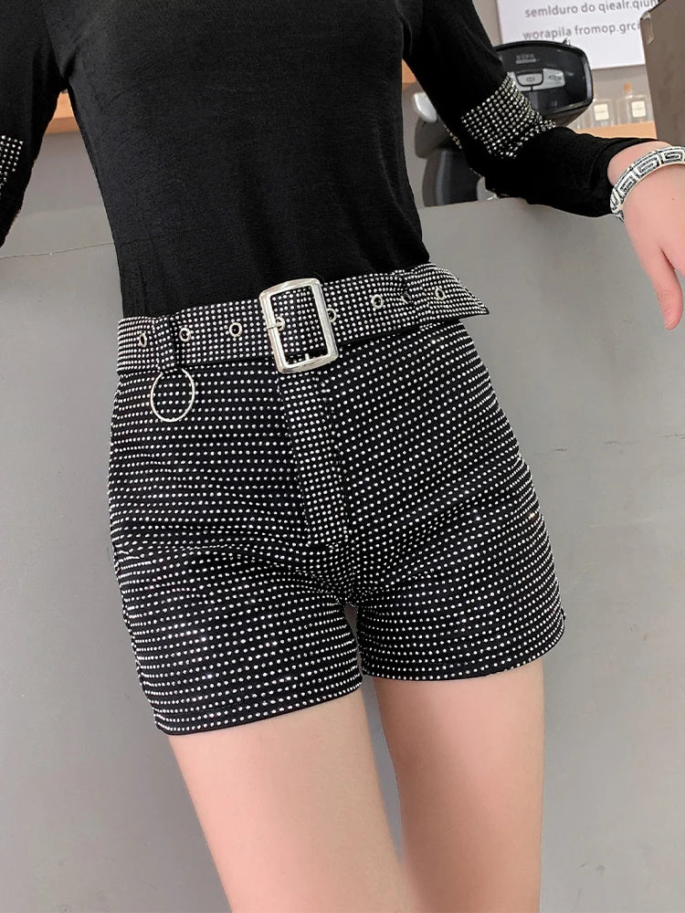 Rhinestone Shorts Women Wide Leg Shorts High Waist Sexy New Fashion Elastic Waist Diamond Casual Hot Pants Female belt