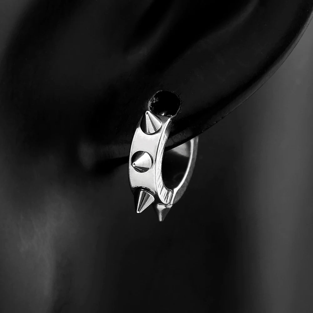 Stainless Steel Spiked Huggie Hoop Earrings for Men Women Black Punk Cone Rivet Spike Clicker Earrings Gothic Rock Jewelry Gift