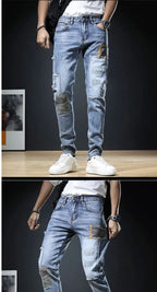 Autumn New Arrival Men's Jeans: Elastic Embroidered Patchwork Hip Hop Denim Pants Korean Style Slim Fit Cotton Trousers for Men