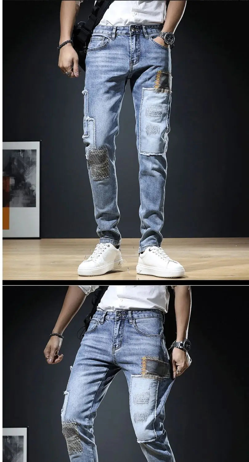 Autumn New Arrival Men's Jeans: Elastic Embroidered Patchwork Hip Hop Denim Pants Korean Style Slim Fit Cotton Trousers for Men