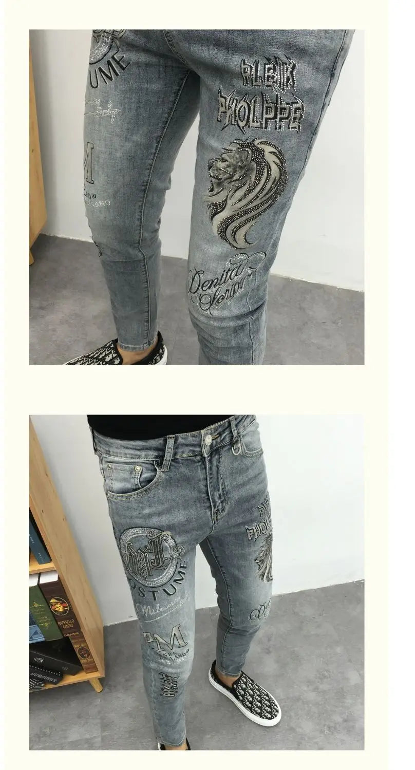 Fashionable Stylish Youth Luxury Work Jeans for Men Slim Fitting with Unique Lion Prints Classic with Rhinestone Denim Trousers