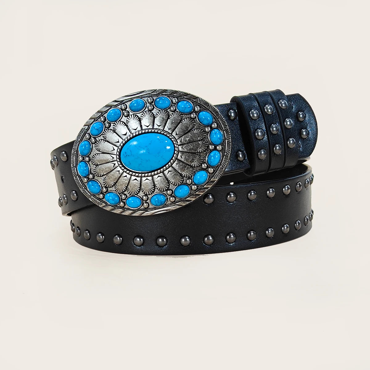 Men and Women's Casual Punk Rivet Belt Western Style PU Leather Belt with Turquoise Buckle for Daily Work Wear Gothic Jeans Belt