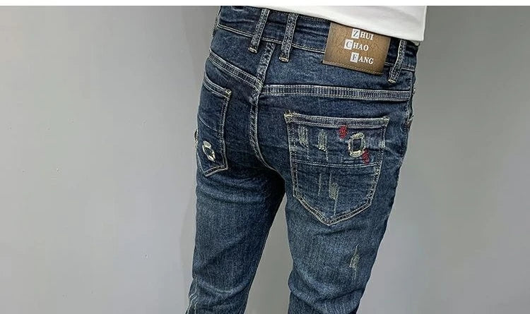 Harajuku Fashion Autumn New Blue Jeans Men's Trendy Brand Scratches Cargo Work Korean Slim-fitting Trousers Luxury Elastic Pants