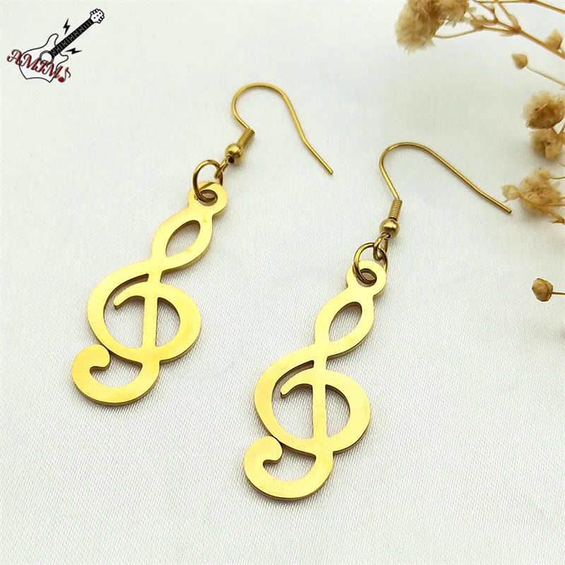 Simple Punk Music Note Stainless Steel Earrings For Women Gold Color Charms Hip Hop Music Party Gift Jewelry E1132S06
