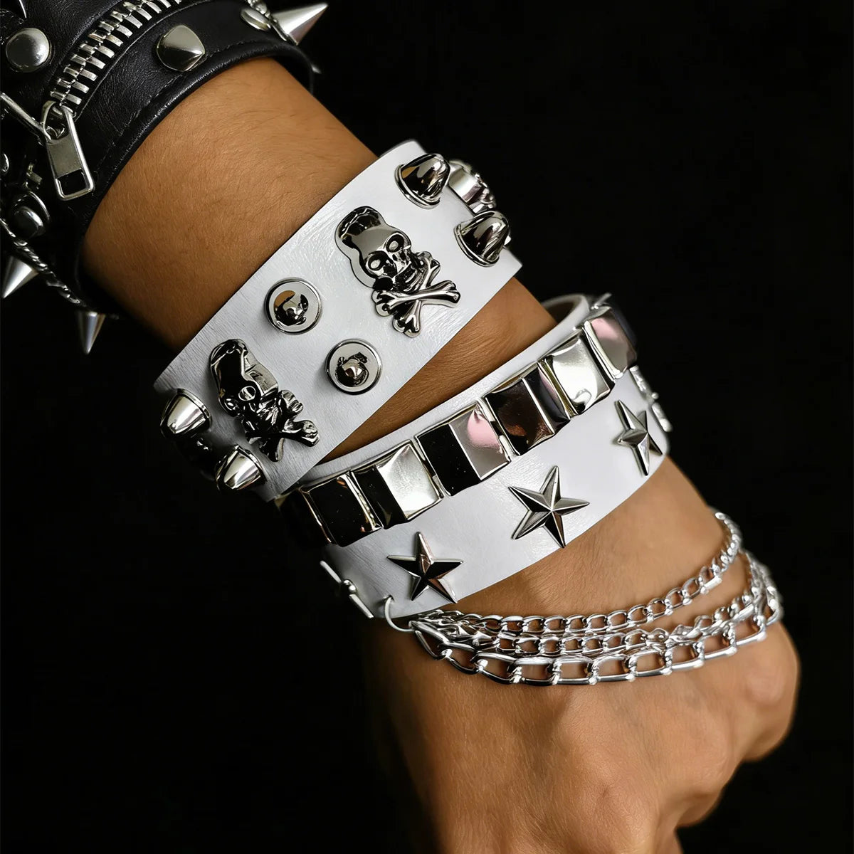 Punk Bracelet for Men Women Set Pu Leather Skull Star Gothic Black Wristband with Metal Spike Studded- Spike Rivets Bangle