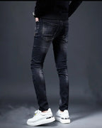 2025 Summer Ripped Jeans Men's Slim-fitting Small Feet Elastic Trousers Trendy Brand Fashion Scratched Patch Cargo Beggar Pants