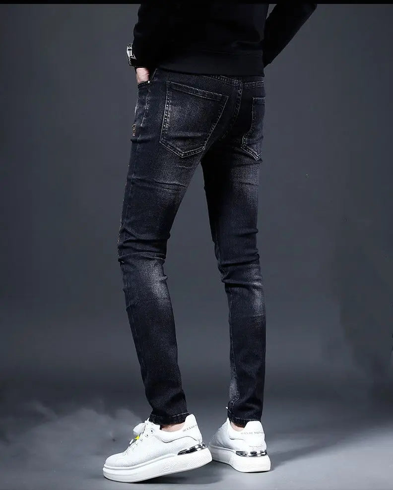 2025 Summer Ripped Jeans Men's Slim-fitting Small Feet Elastic Trousers Trendy Brand Fashion Scratched Patch Cargo Beggar Pants