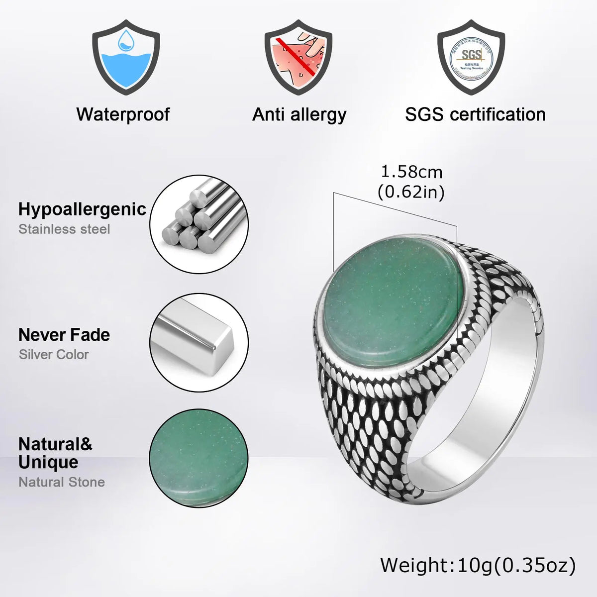 Green Dongling Stone Ring for Men,Vintage Stainless Steel Natural Stone Signet Ring,Punk Round Ring Gift