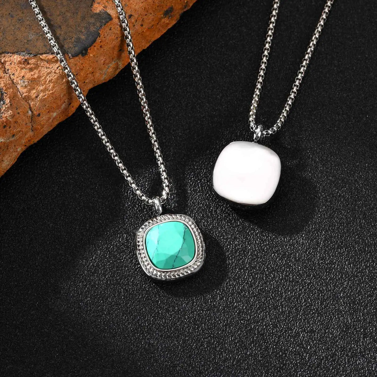 Stylish Geometric Necklace for Men Boys,Stainless Steel Black Glass Natural Stone Square Pendant,Original Design Male Gifts