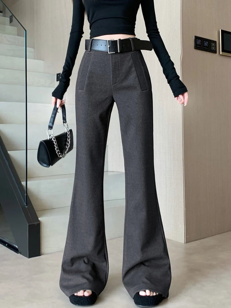Retro solid color pants women autumn and winter high waisted casual and fashion versatile floor length flared trousers