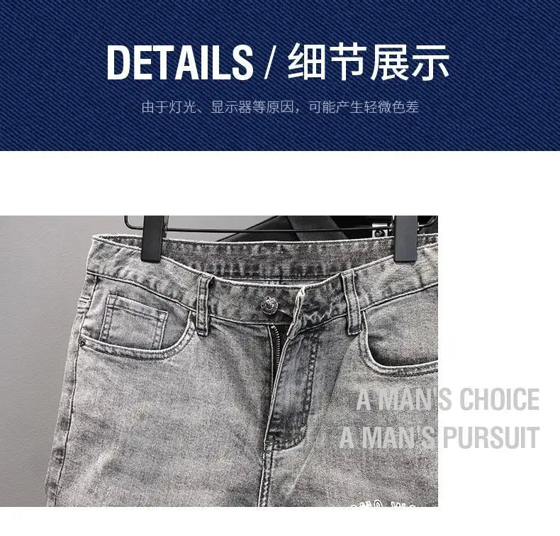 Korean Fashion Kpop Men's Casual Streetwear Boyfriend Designer Denim Shorts with Rabbit Embroidery for Summer Grey Short Jeans