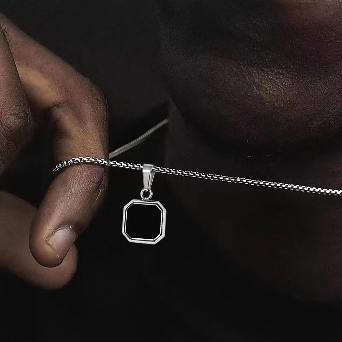 Stylish Men's Black Enamel Necklace,Stainless Steel Geometric Square Small Dogtags Necklace,Anniversary Birthday Father Gift