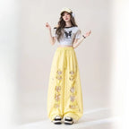 Milk yellow lace patchwork ripped jeans women's summer new high waisted drawstring star embroidered design wide leg pants
