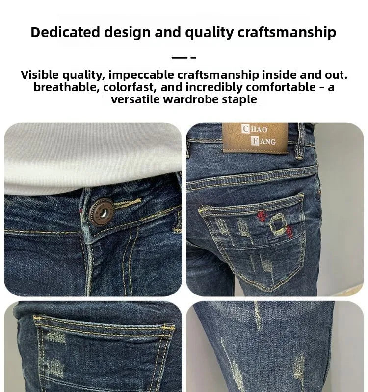 Harajuku Fashion Autumn New Blue Jeans Men's Trendy Brand Scratches Cargo Work Korean Slim-fitting Trousers Luxury Elastic Pants