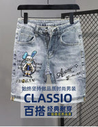 New Kpop Summer Casual Knee Length Men's Jeans Shorts Fashion Embroidered Rabbit Printed Hot Drilled Slim Thin Short Trousers