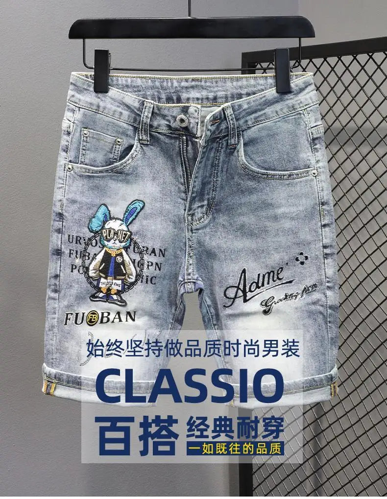 New Kpop Summer Casual Knee Length Men's Jeans Shorts Fashion Embroidered Rabbit Printed Hot Drilled Slim Thin Short Trousers