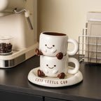 Cute Smiley Face Ceramic Coffee Mug with Saucer 3D Cartoon Design Tea Cup