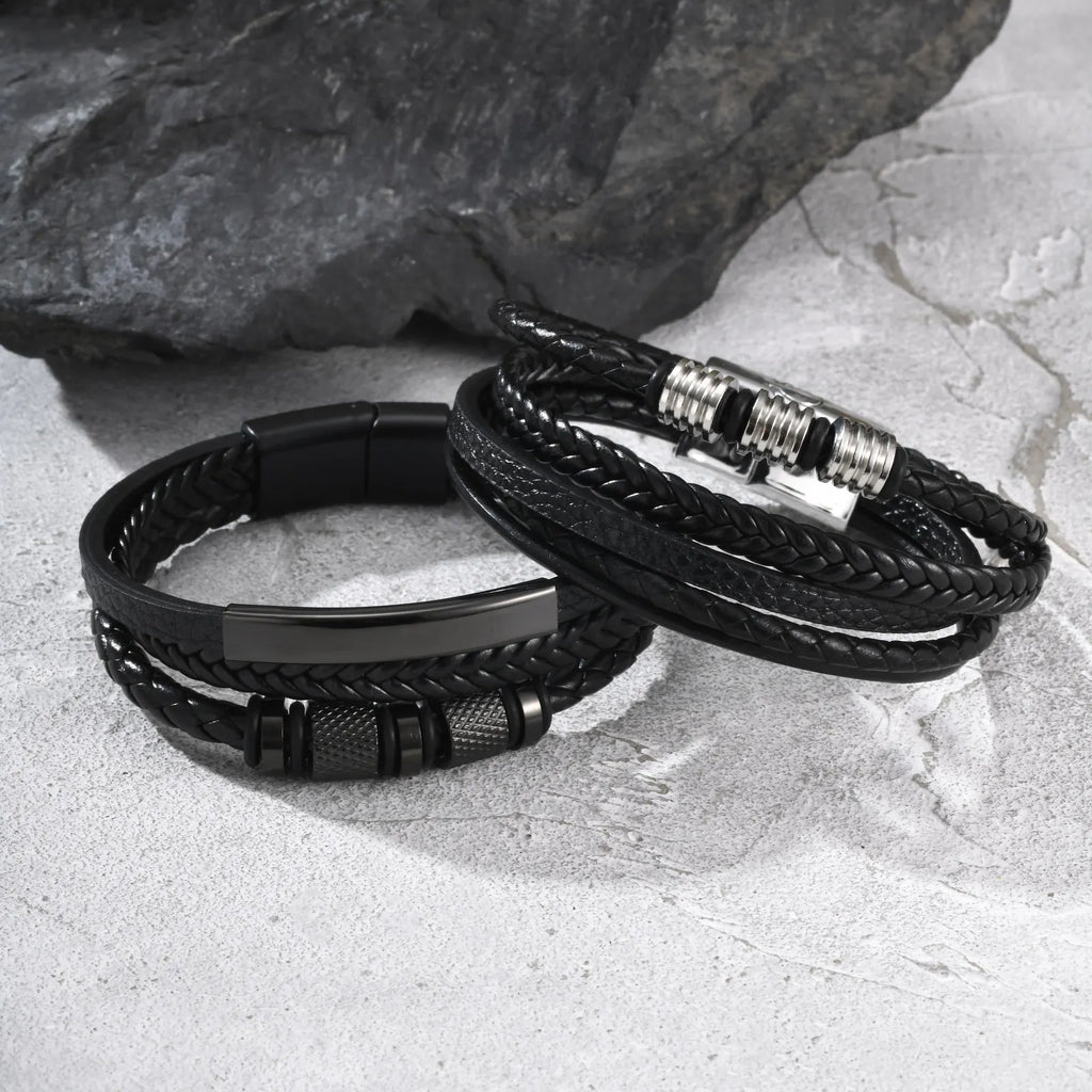 Black Multi Layers Leather Bracelet for Men,Metal Tube Charm Handmade Braided Rope Leather Bracelet,Gift for Husband Dad Son