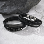 Black Multi Layers Leather Bracelet for Men,Metal Tube Charm Handmade Braided Rope Leather Bracelet,Gift for Husband Dad Son