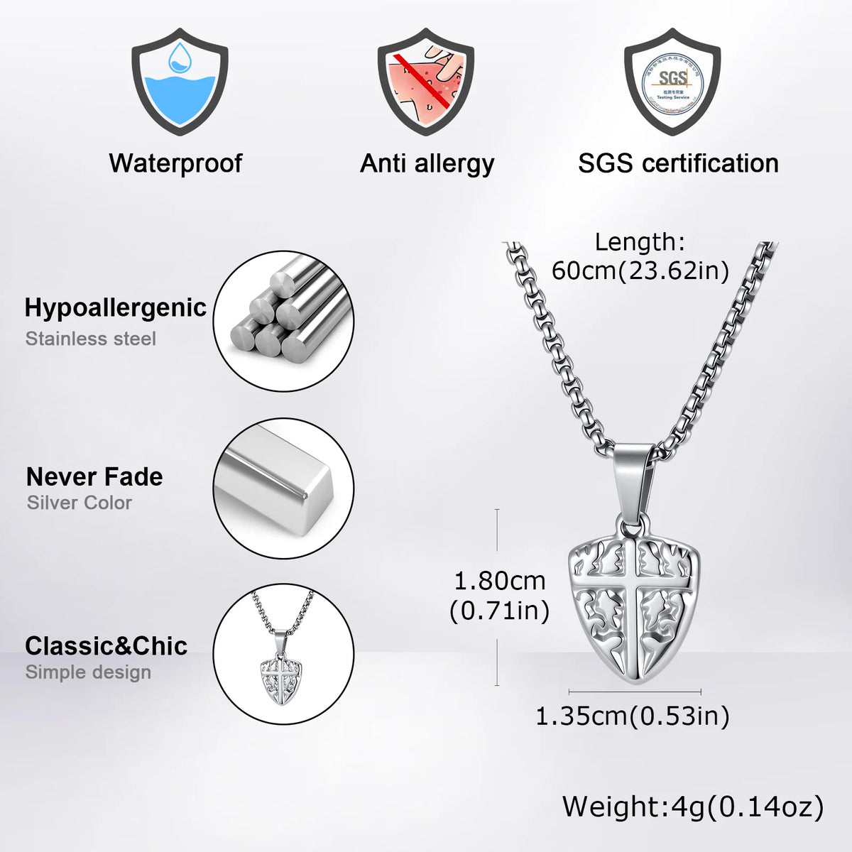 Small Shield Cross Necklace for Men, Stainless Steel Shield Pendant Necklace, Religious Stylish Jewelry
