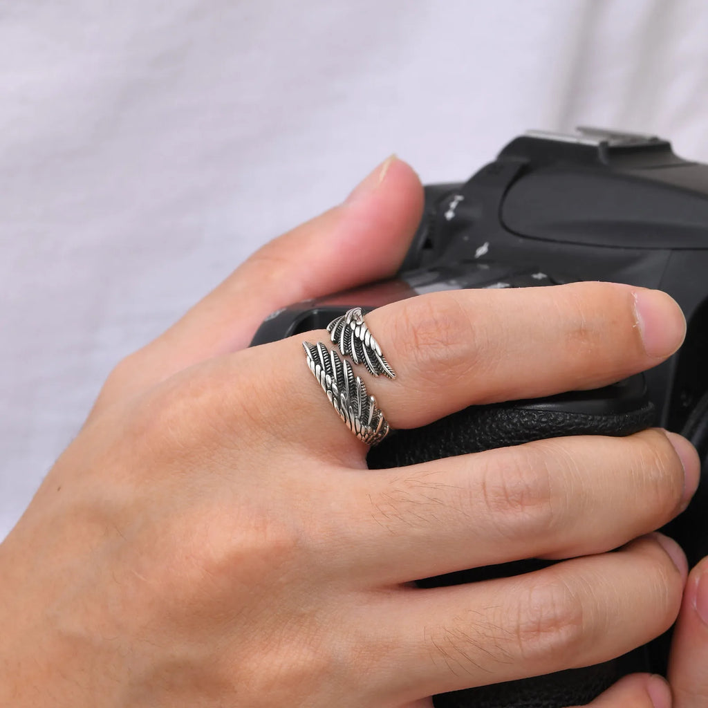 Angel's Wing Feather Ring for Men Boys, Metal Opening Ring Adjustable Ring,Rock Punk Jewelry Anniversary Birthday Gifts