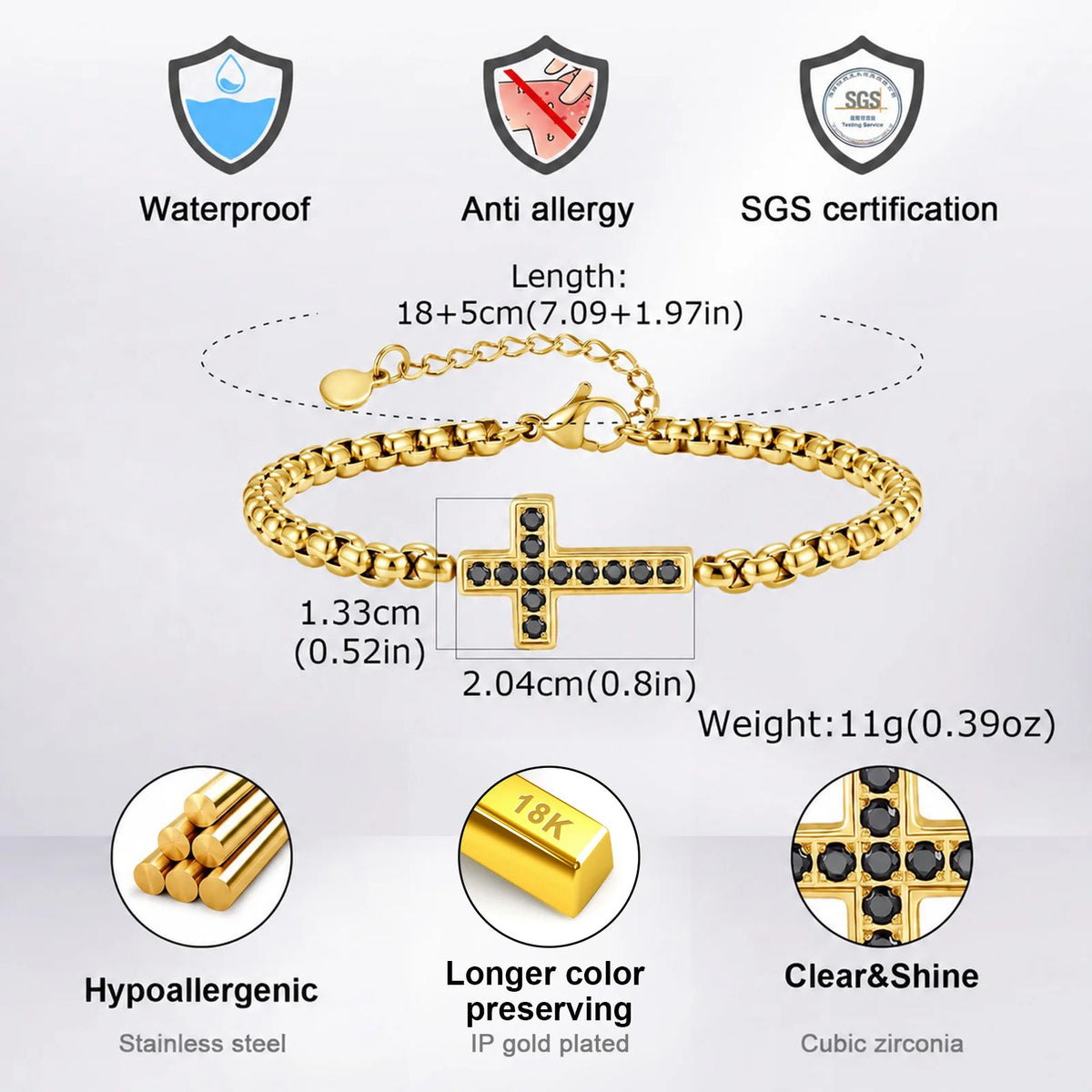 Stylish Men's Cross Bracelet,High Quality Stainless Steel Box Chain with Black CZ, Adjustable Hip Hop Faith Jewelry Gift
