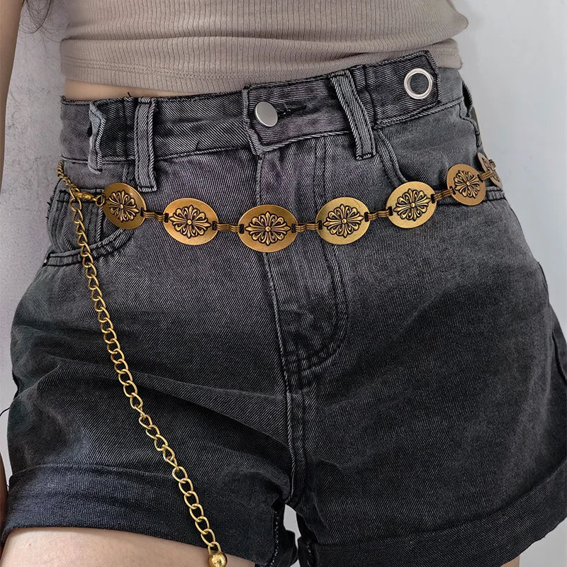 Gothic Bohemian Female Metal waist chain Belt luxury Brands Vintage Cross Designer Dress Belts for Women Long Waistband Punk