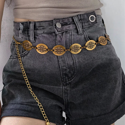 Gothic Bohemian Female Metal waist chain Belt luxury Brands Vintage Cross Designer Dress Belts for Women Long Waistband Punk