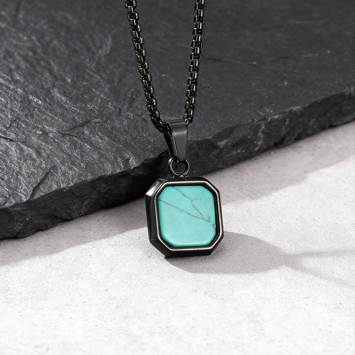 Natural Stone Square Pendant Necklace for Men Boys,Stainless Steel Turquoise Pendant,Jewelry Gift for Husband Dad Son BBF