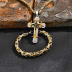 Mens Cross Pendant Necklace Sets,Two Tone Stainless Steel Byzantine Bracelets,Punk Jewelry Sets Gift to Husband Father Dad BBF
