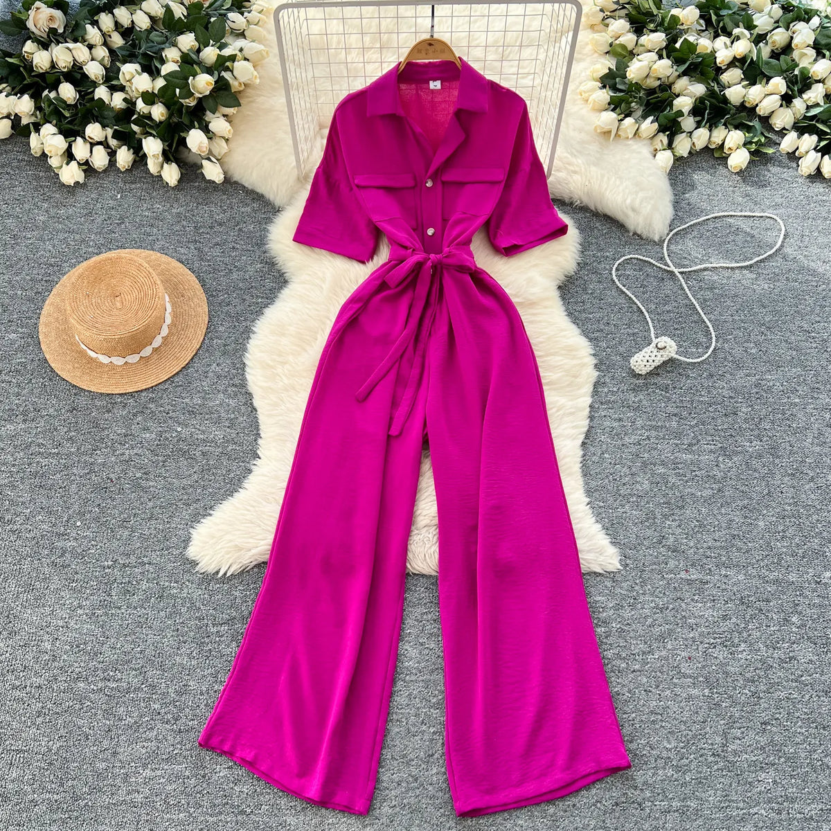 Fashionable casual lapel collar short sleeved cinched waist jumpsuit women's summer new solid color wide leg long pants