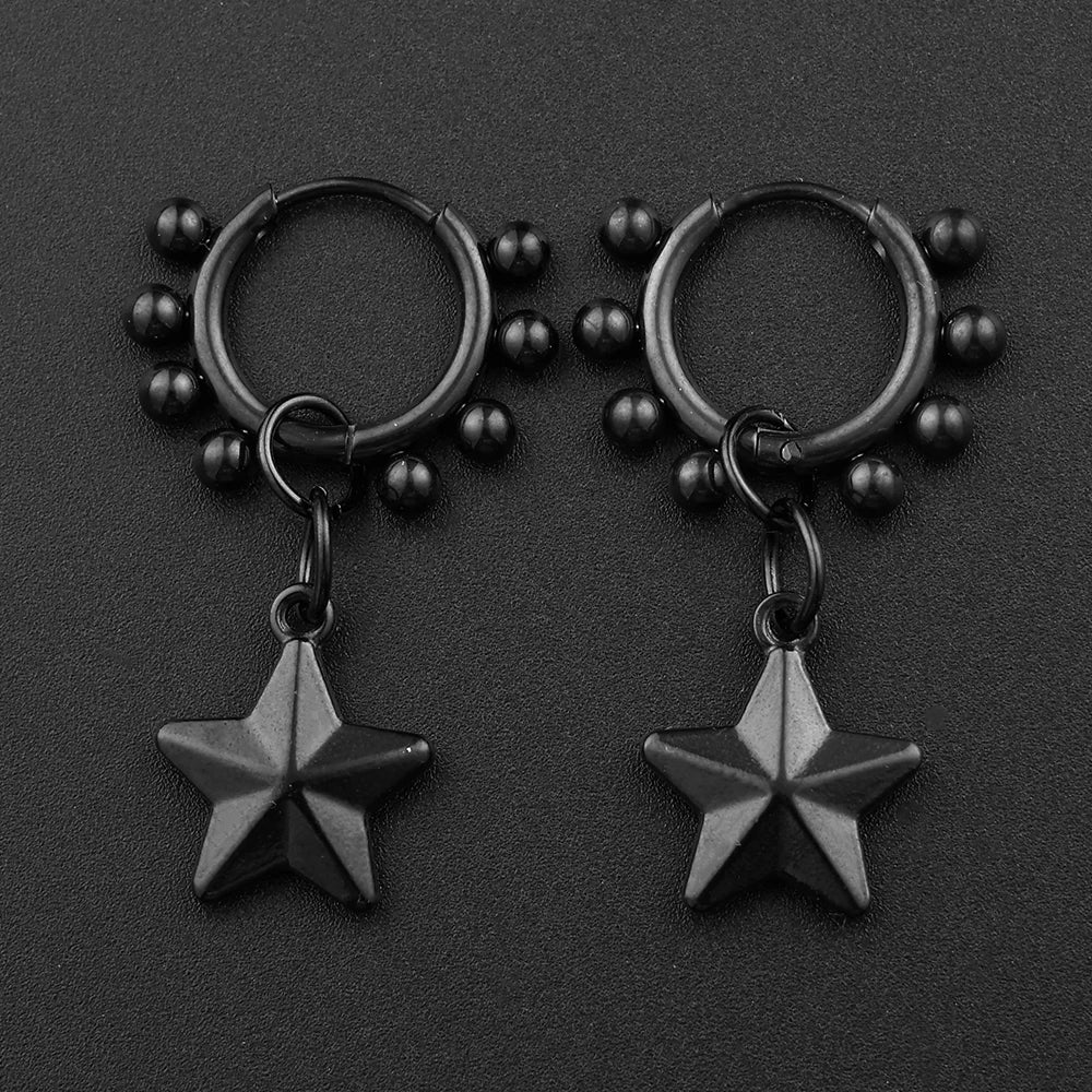 Punk Black Moon Star Hoop Earrings Gothic Crescent Dangle Stainless Steel Beaded Drop Earrings Men Women Hip Hop Jewelry Gifts