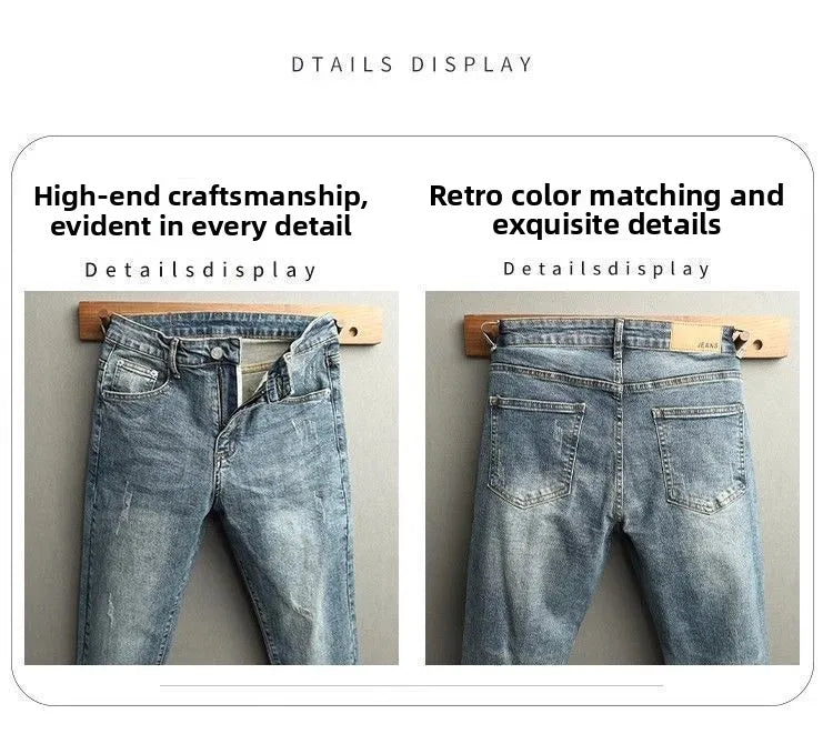 Men's Cropped Jeans Slim Fit Korean Trendy 2026 Spring Summer Blue Youth Trendy High-end Motorcycle Pants Men Man Trousers