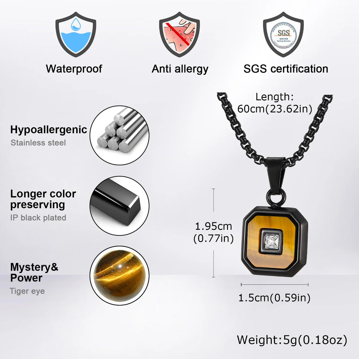 Stylish Square Pendant Necklaces for Men,Small Geometric Natural Stone Stainless Steel Pendant,Center Zircon Collars Gift