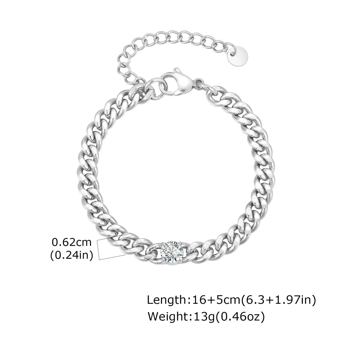 White Zircon Cuban Bracelet for Men Boys,16-21CM Never Fade Curb Chain Links Wristband,Hip Hop Cool Simple Jewelry Gift