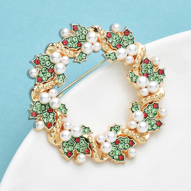 PENDRA Evergreen Crystal Garland Rhinestone Pearl Flower Wreath Brooch