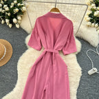 Fashionable casual lapel collar short sleeved cinched waist jumpsuit women's summer new solid color wide leg long pants