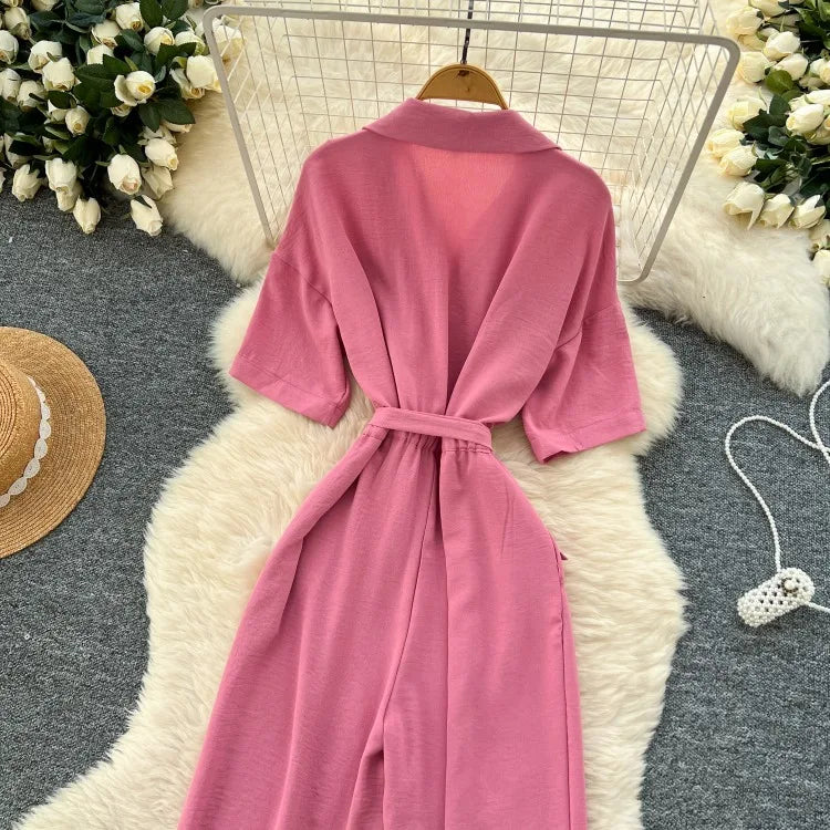 Fashionable casual lapel collar short sleeved cinched waist jumpsuit women's summer new solid color wide leg long pants