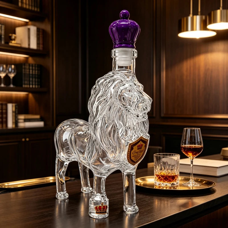 Vintage Style Lion Glass Liquor Decanter Purple Crown Stopper Decorative Whiskey Bottle Home Bar Accessories Gift