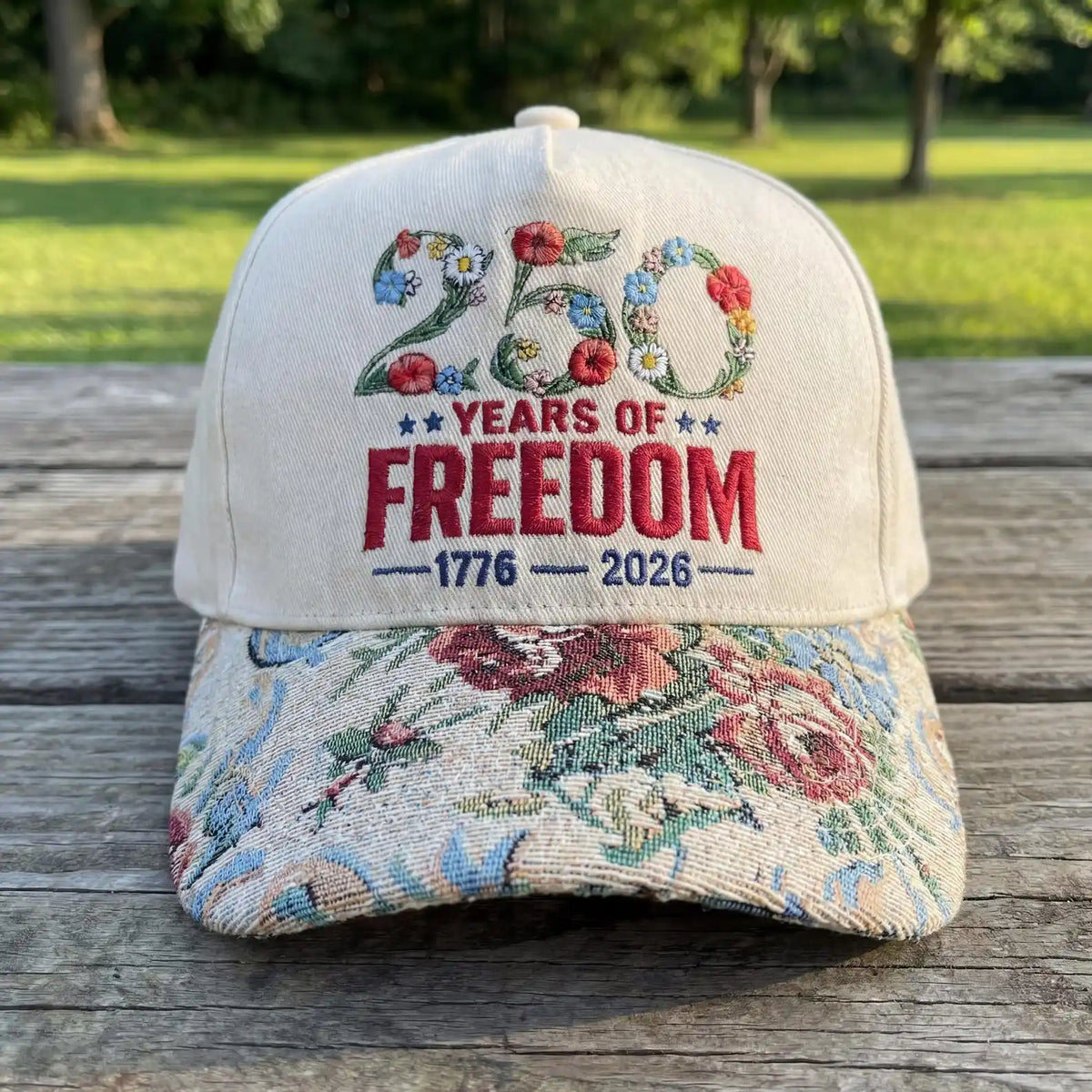 Embroidered Floral USA 250th Anniversary Hat, 250 Years of Freedom Cap, America 1776-2026 Patriotic Gift, Vintage Floral Brim Ba