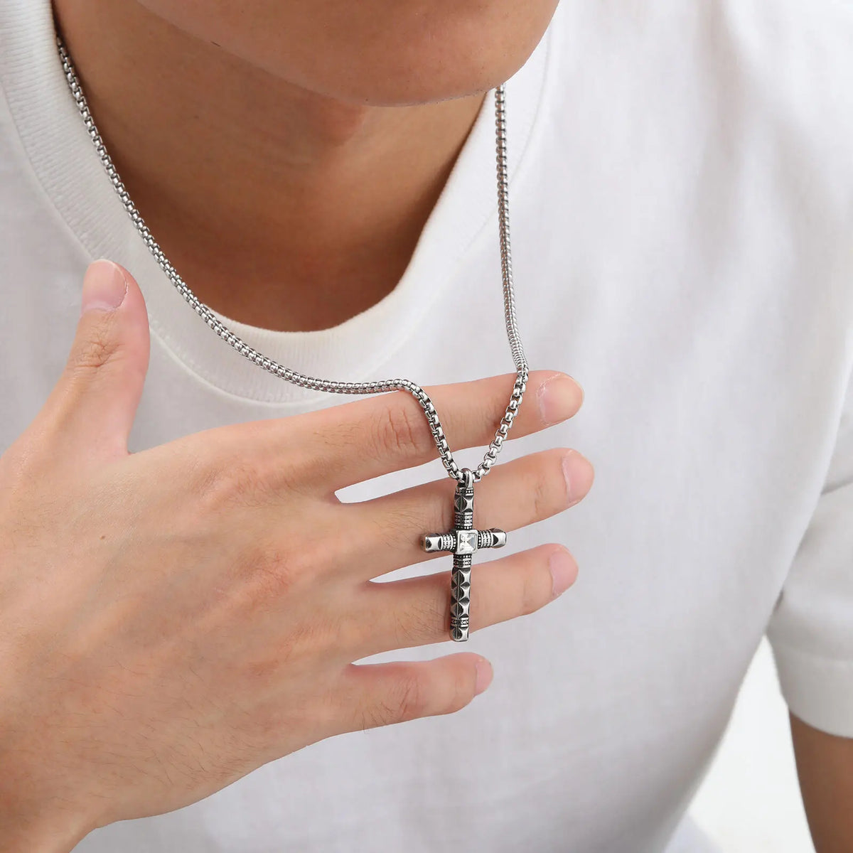 Punk Mens Cross Pendant Necklace,Silver Color Plain Cross Pendant Collar with Stainless Steel Box Chain,Exquisite Male Gift