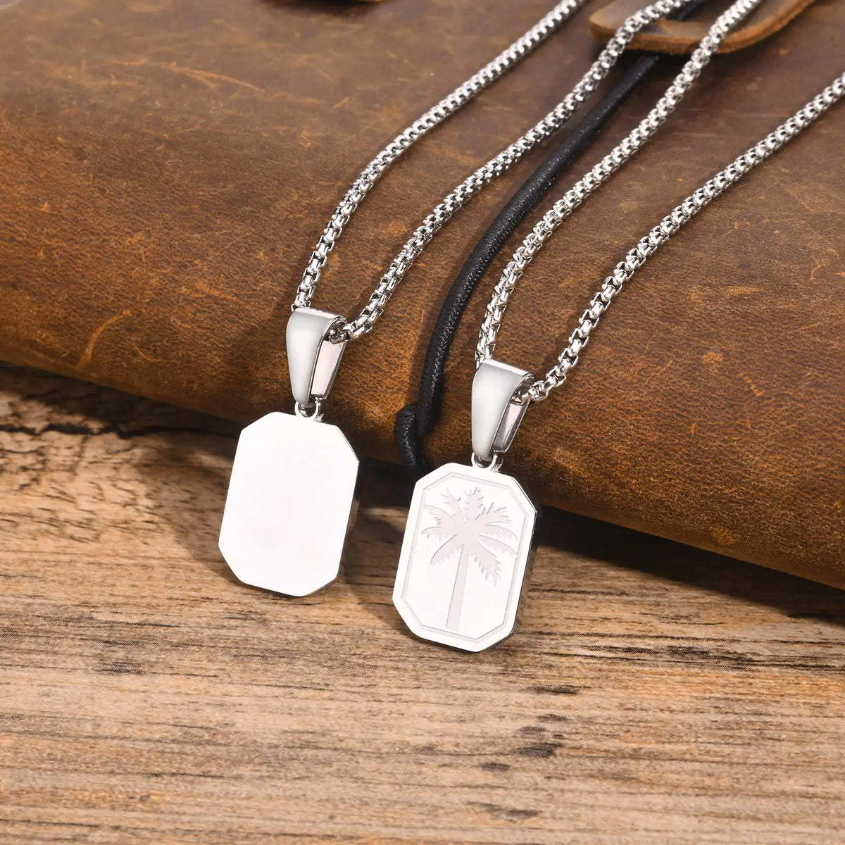 Hawaiian Tree Necklaces for Men,Stainless Steel Palm Trees Square Pendant Necklaces.Chic Stylish Jewelry Gift