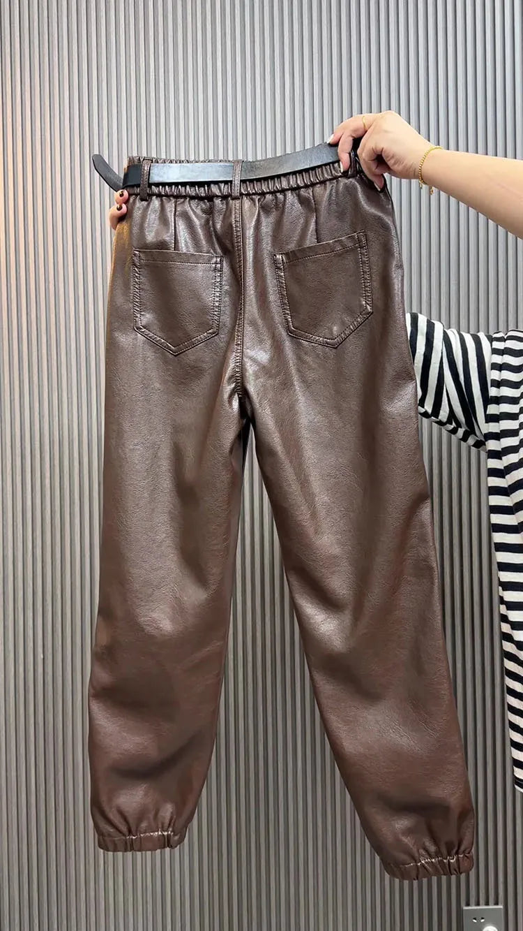PENDRA Panelled High Waist Straight PU Leather Pants
