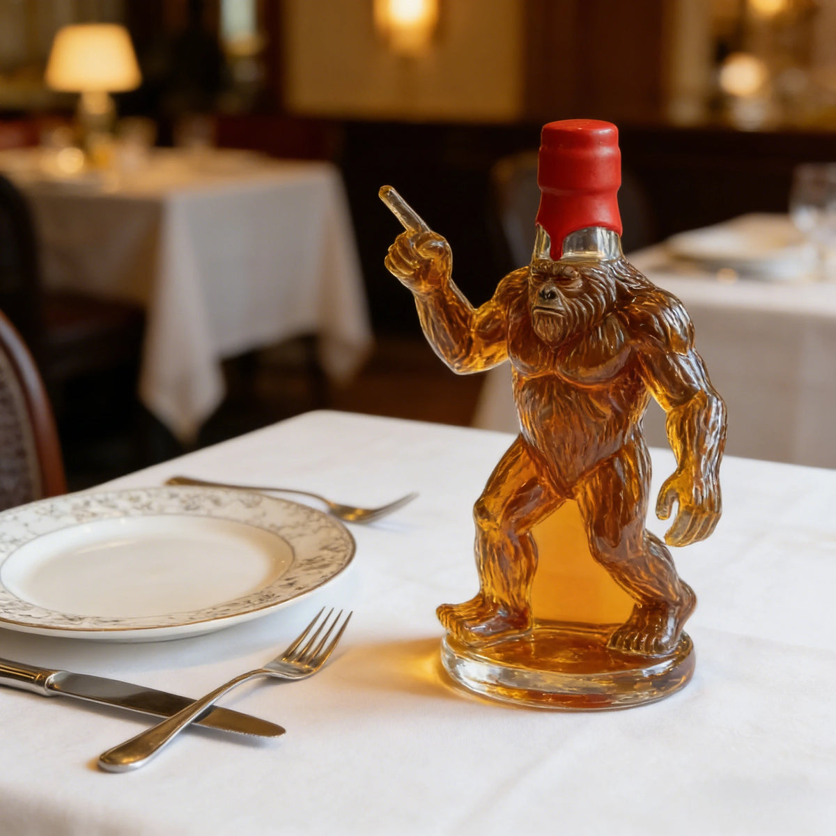 Collectible Sasquatch Whiskey Decanter with Royal Crown, Funny Middle Finger Glass Liquor Bottle for Man Cave & Camping Gifts