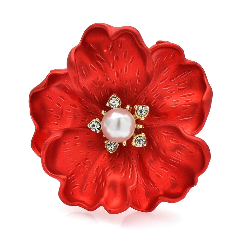 PENDRA DuoBloom Red-and-Blue Enamel Pearl Flower Brooch