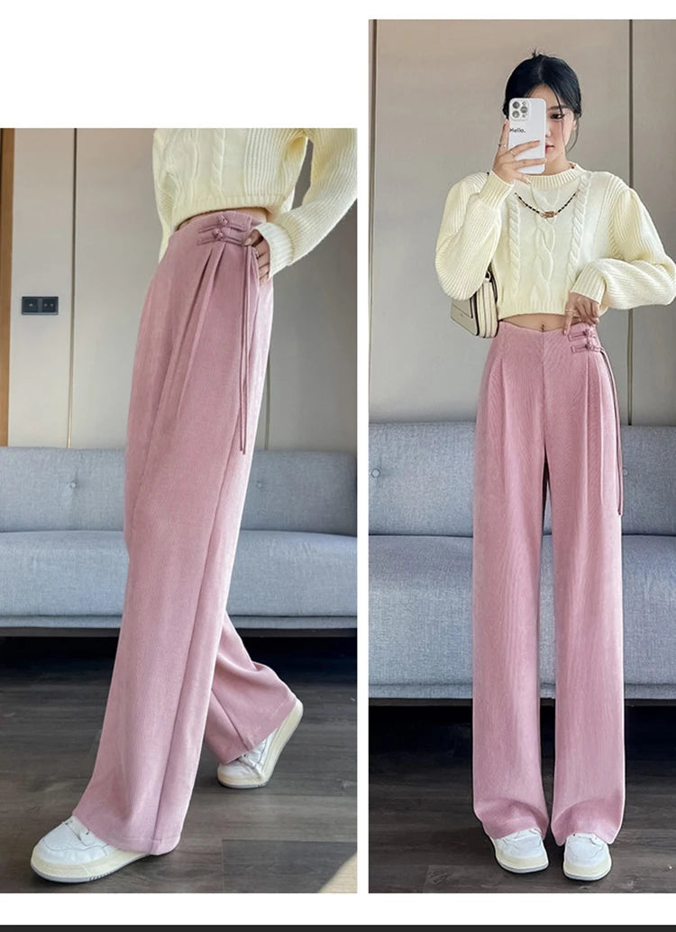 Corduroy pants women autumn and winter new Chinese style buckle casual thick solid color versatile wide leg pants