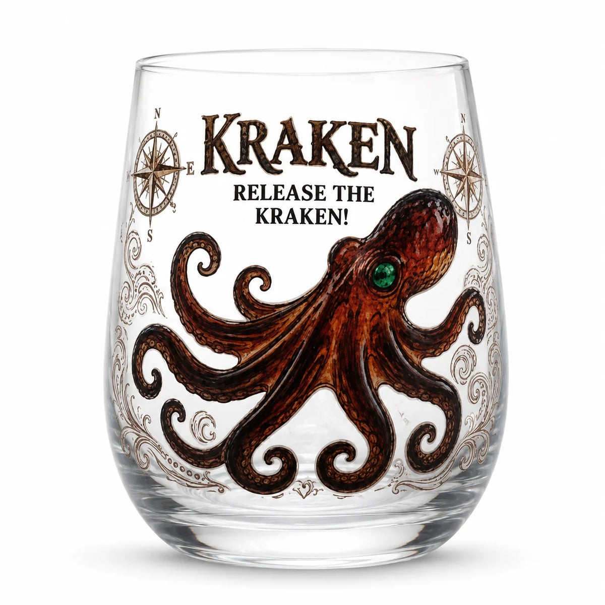 Kraken Octopus Whiskey Glass Vintage Nautical Compass Print Lowball Tumbler Heavy Clear Crystal Spirits Cup Unique Sea Monster