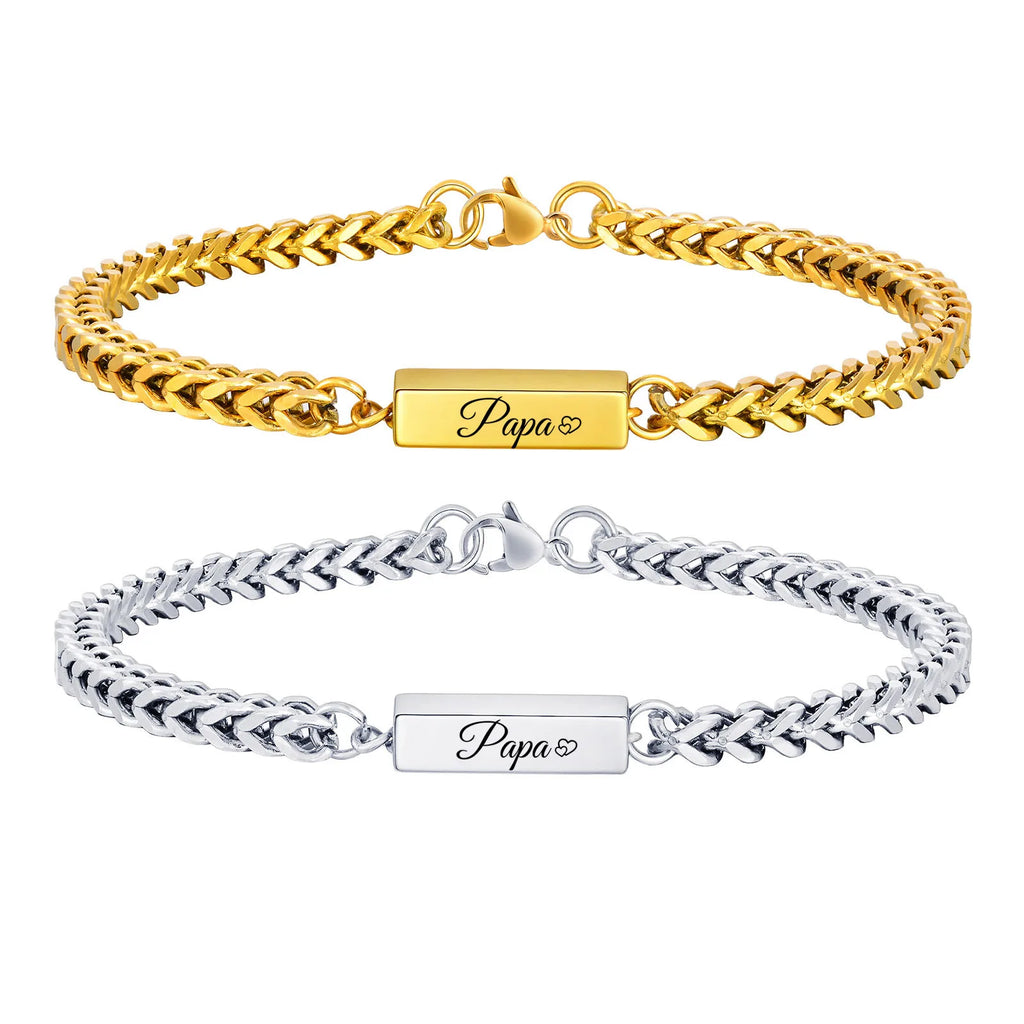 Papa Bracelet for Men Boys,21cm Waterproof Stainless Steel Franco Chain Links Wristband,Stylish Father's Day Gift