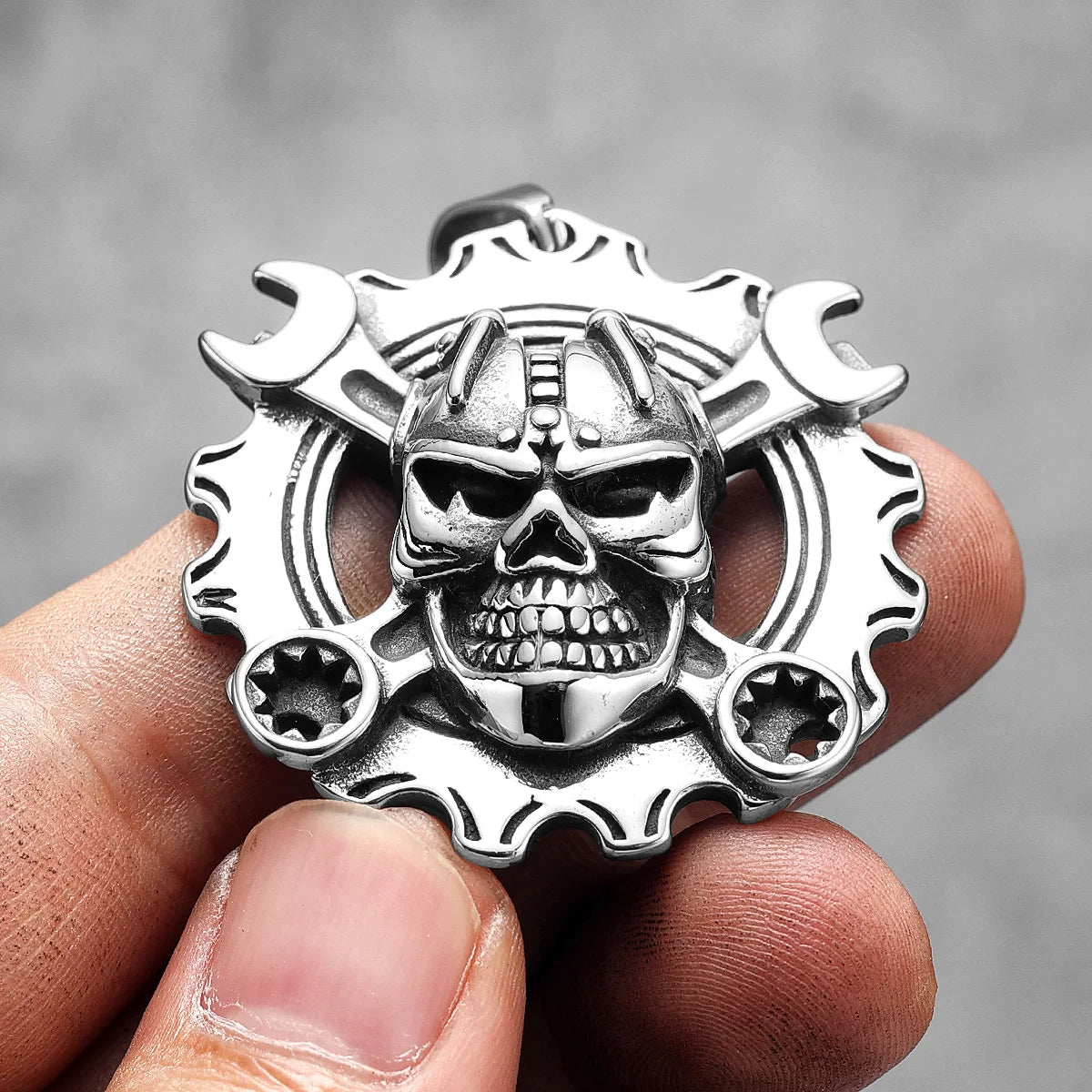 PENDRA Wrench Gear Skull Steel Necklace